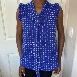 Blue White Print Business Casual Tie Blouse Ruffle Sleeve